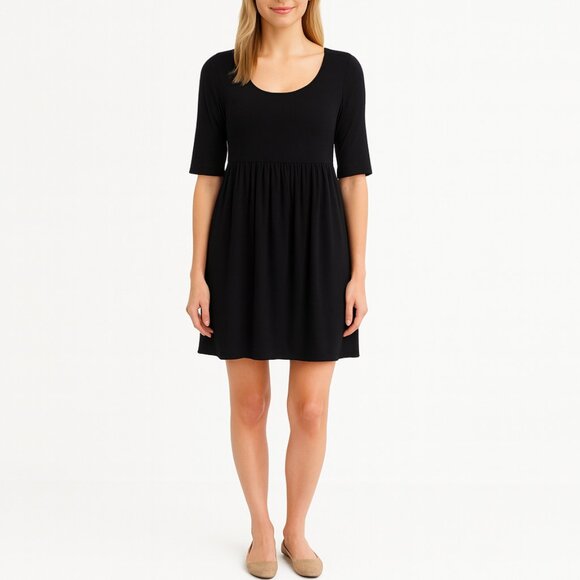 Garnet Hill Black Babydoll Jersey Dress Scoop Neck Elbow Sleeve Stretch Dress L - Picture 2 of 11